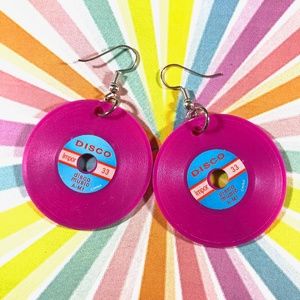 Vintage disco record charm earrings magenta